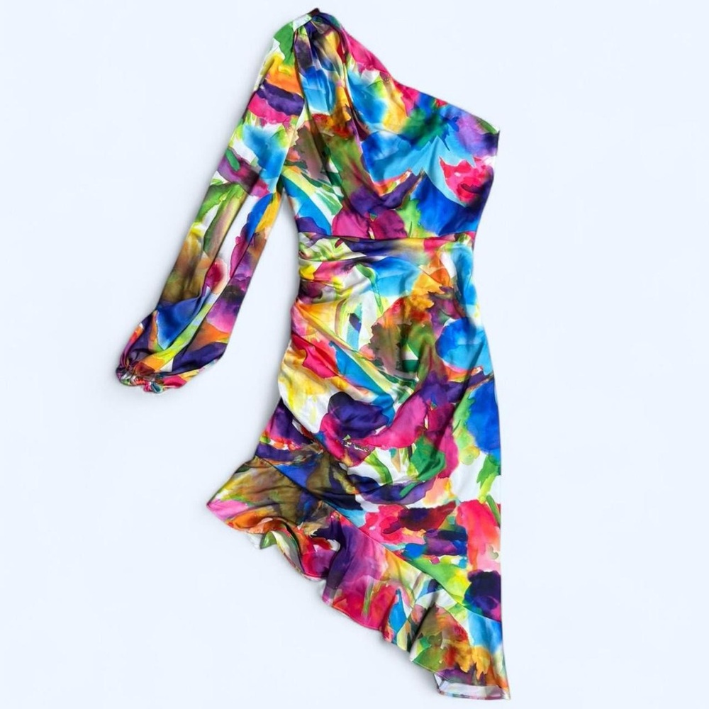 Liv Foster Ruched One-Shoulder Abstract-Print Midi Dress